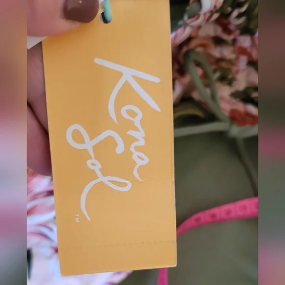 Kona Sol Pink Floral Halter High Waisted Bikini Set with Olive Accents - Picture 4 of 4